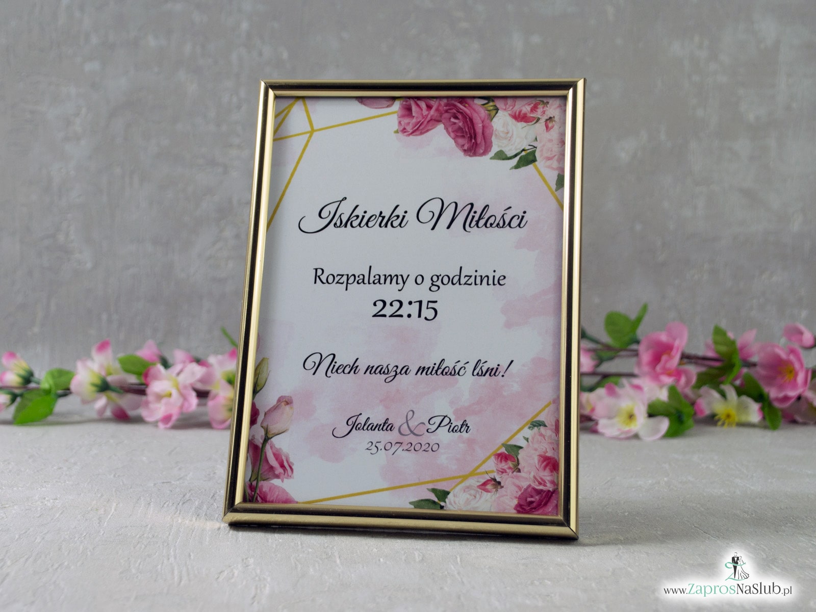 Iskierki miłości – informacja w ramce z różowymi kwiatami i złotymi liniami IMIR-131  - Zaproszenia ślubne ZaprosNaSlub