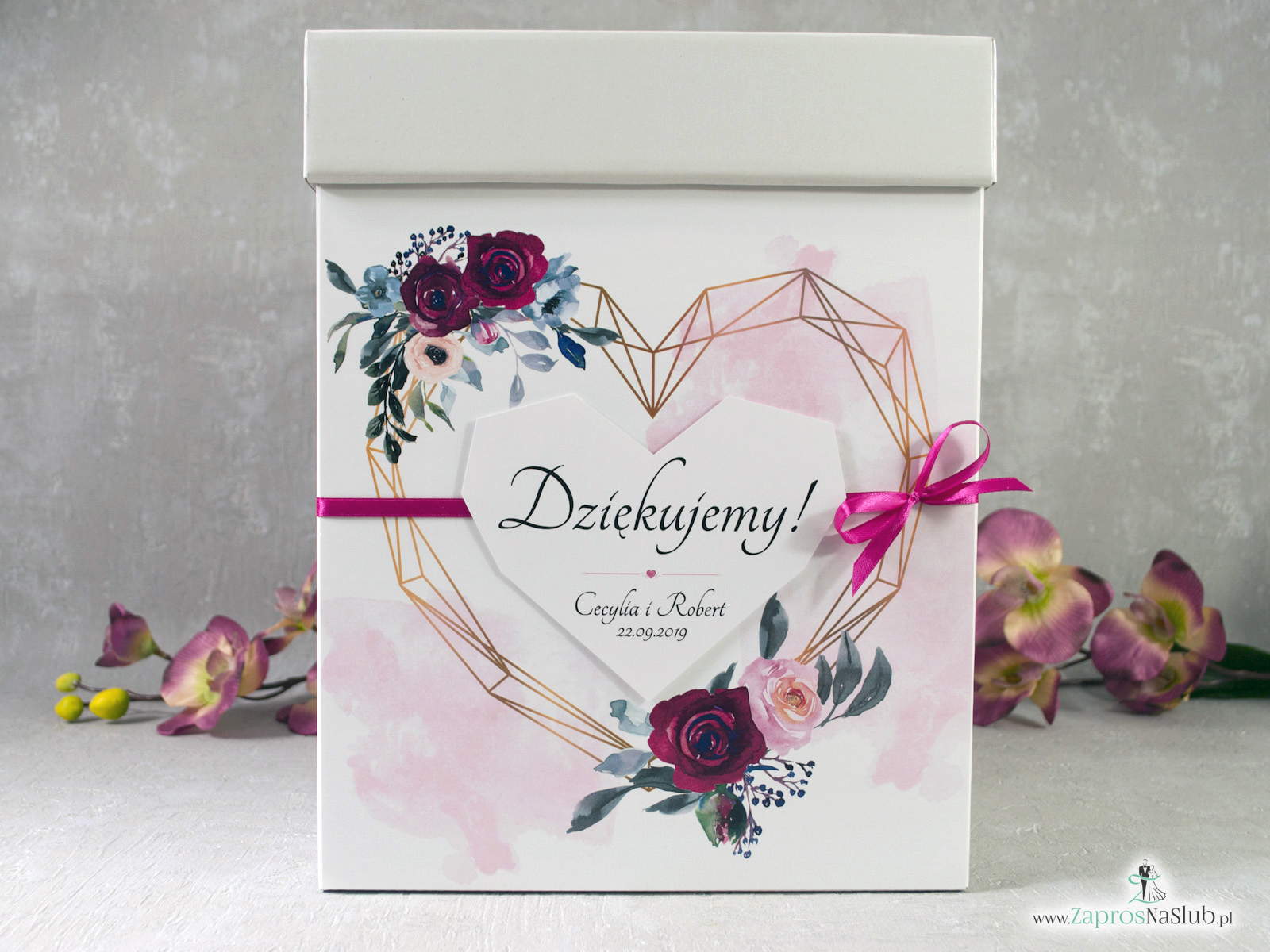 Modne pudełko na koperty. Geometryczne serce oraz bordowe i różowe róże. PNK-41-06 Zaproszenia Ślubne ZaprosNaSlub