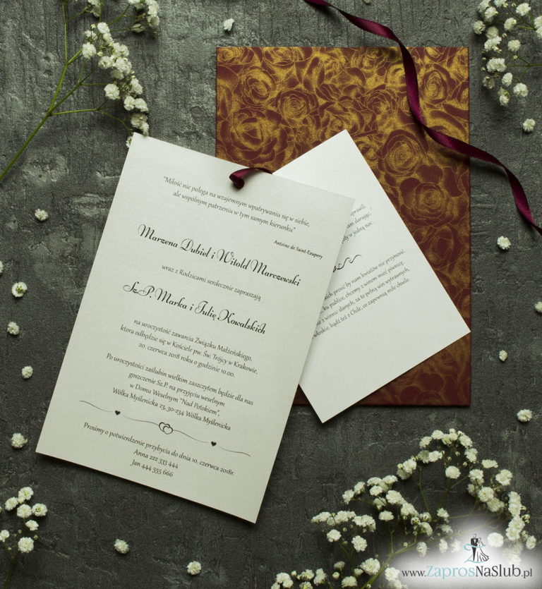 Zaproszenia ślubne w kopercie z motywem bordowo-złotych róż. ZAP-62-52