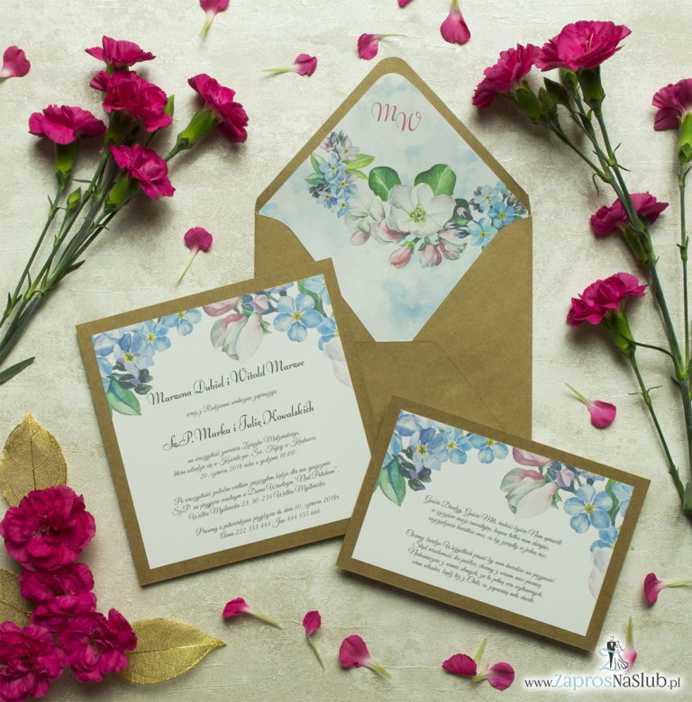 Dwuczęściowe, kwiatowe zaproszenia ślubne w stylu eko, z niezapominajkami i kwiatami jabłoni. ZAP-76-01