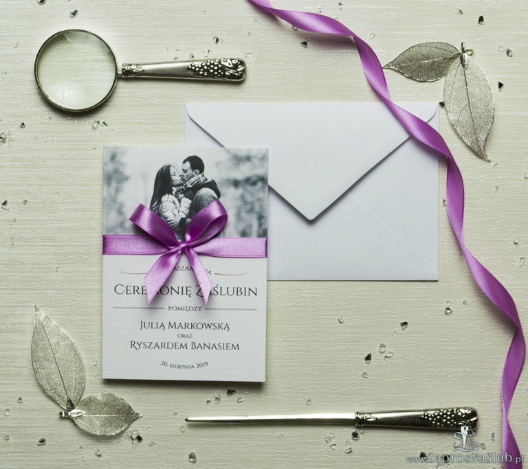 Fotozaproszenia - zaproszenia ślubne ze zdjęciem i różową kokardką (kolor kokardki dowolny). ZAP-58-01