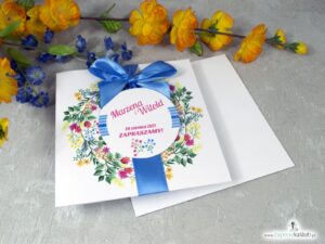 Zaproszenia kwiatowe - wiosenny wianek z wielobarwnymi kwiatami i liśćmi. ZAP-54-10