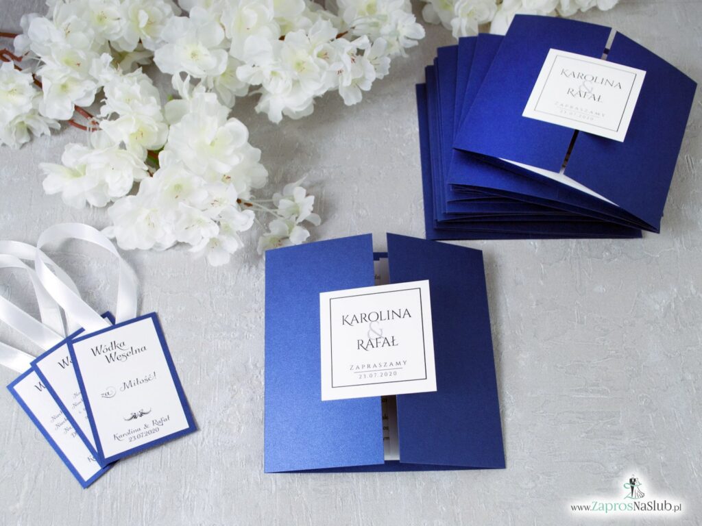 Niebieskie eleganckie zaproszenia ślubne, perłowy papier ZAP-74-86