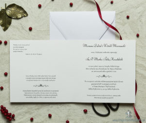 Zaproszenia designerskie - czerwono-biały ozdobny ornament z trójbarwnym motywem kwiatowym oraz satynową kokardką. ZAP-11-11