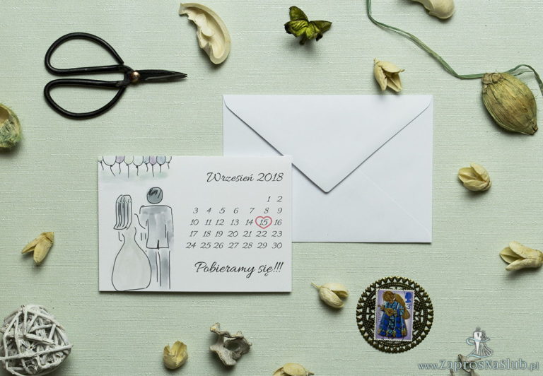 Klasyczne zaproszenia ślubne z obrazkiem przedstawiającym parę młodą podczas wesela oraz kartkę z kalendarza z zaznaczoną datą ślubu. ZAP-56-09