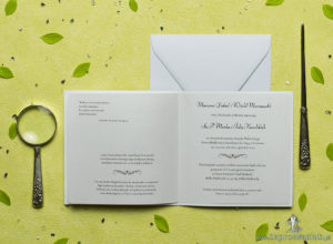 Przepiękne letnie zaproszenia ślubne z zielonymi igłami jodły oraz z cyrkonią. ZAP-60-03