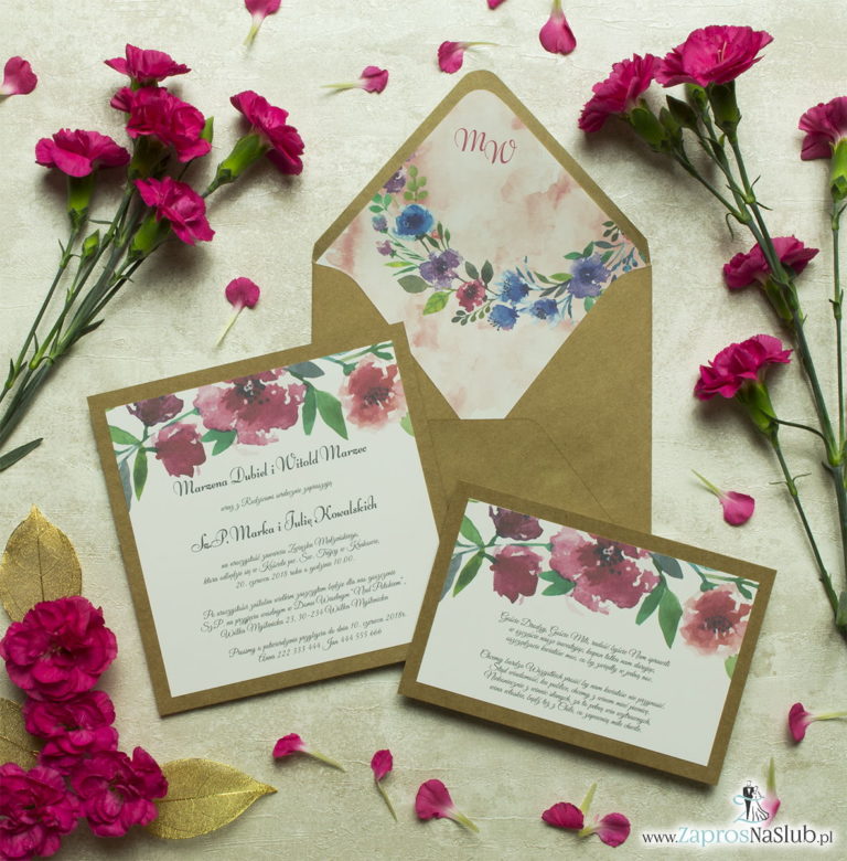 Dwuczęściowe, kwiatowe zaproszenia ślubne w stylu eko, z polnymi kwiatami - makami i chabrami. ZAP-76-04