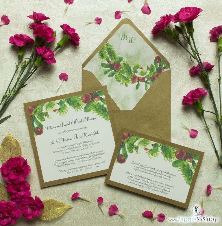 Dwuczęściowe, kwiatowe zaproszenia ślubne w stylu eko, z bukszpanem, igłami świerku oraz białymi kwiatami. ZAP-76-05