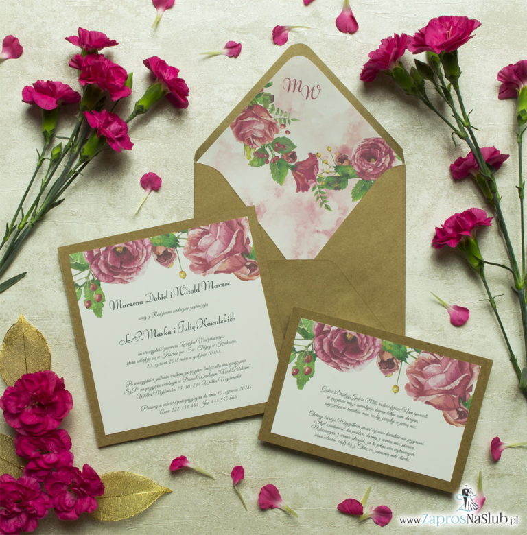 Dwuczęściowe, kwiatowe zaproszenia ślubne w stylu eko, z kwiatami róż, zielonymi liśćmi oraz jagódkami. ZAP-76-06