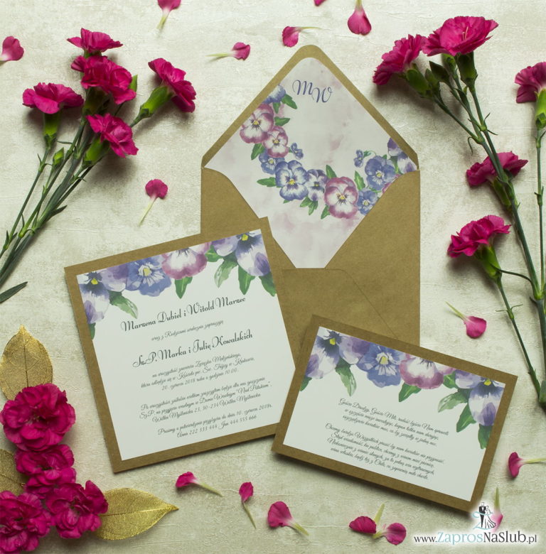 Dwuczęściowe, kwiatowe zaproszenia ślubne w stylu eko, z kwiatami bratków w dwóch kolorach. ZAP-76-08