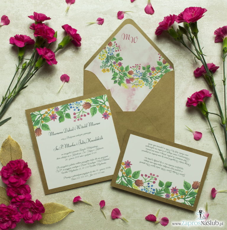 Dwuczęściowe, kwiatowe zaproszenia ślubne w stylu eko, z wielobarwnymi, wiosennymi kwiatami i liśćmi. ZAP-76-10