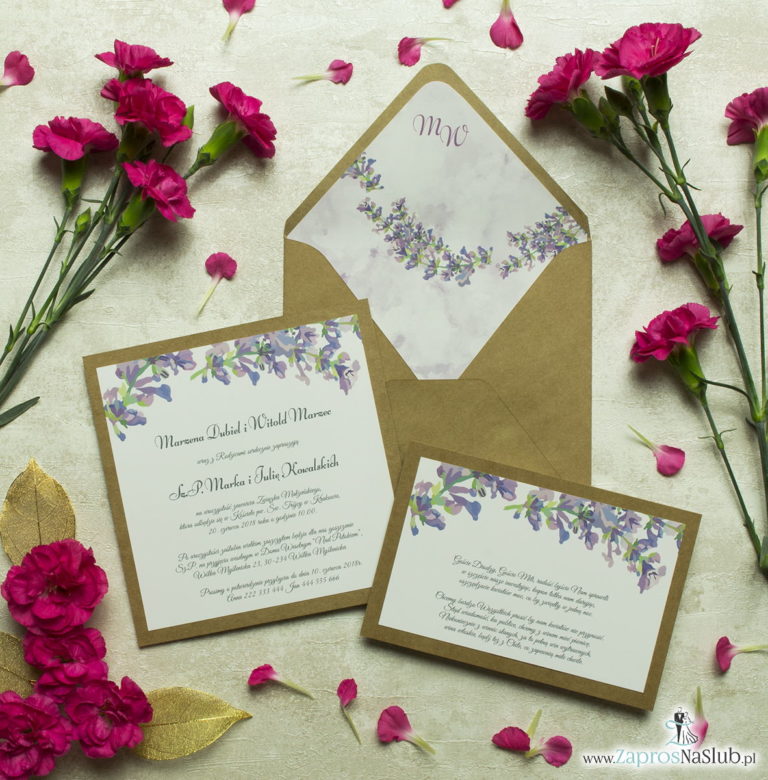 Dwuczęściowe, kwiatowe zaproszenia ślubne w stylu eko, z jesiennymi wrzosami. ZAP-76-11
