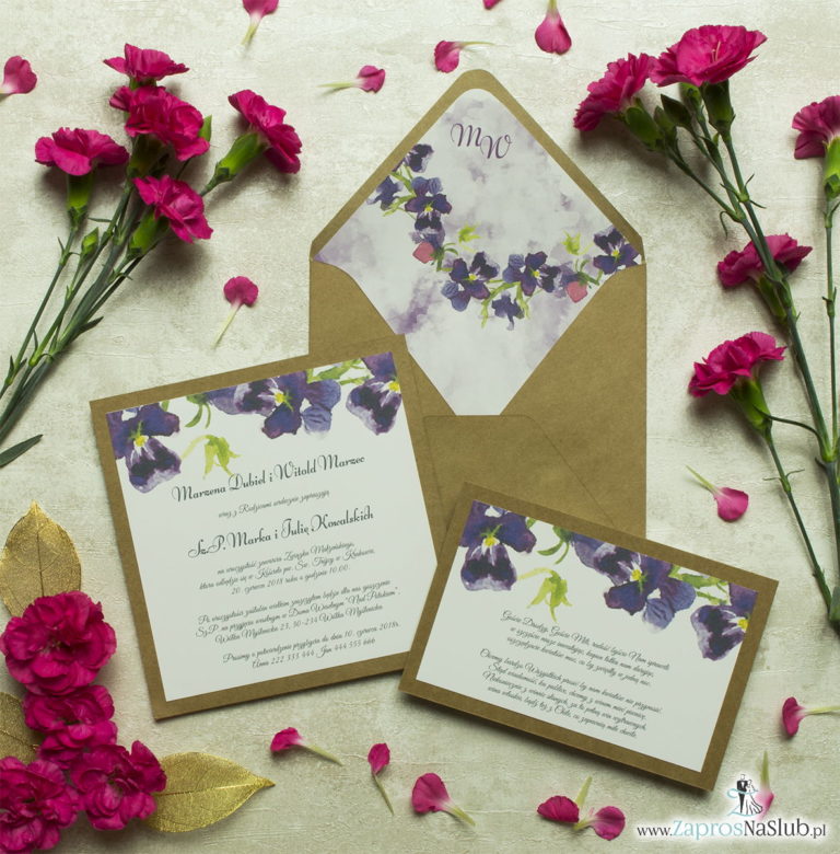 Dwuczęściowe, kwiatowe zaproszenia ślubne w stylu eko, z wiosennymi kwiatami fiołków. ZAP-76-13