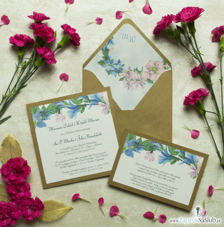 Dwuczęściowe, kwiatowe zaproszenia ślubne w stylu eko, z kwiatami w odcieniach różu, fioletu i błękitu. ZAP-76-14