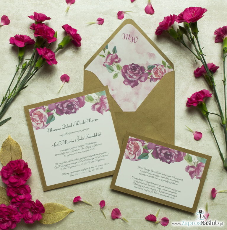 Dwuczęściowe, kwiatowe zaproszenia ślubne w stylu eko, z kwiatami róży. ZAP-76-16
