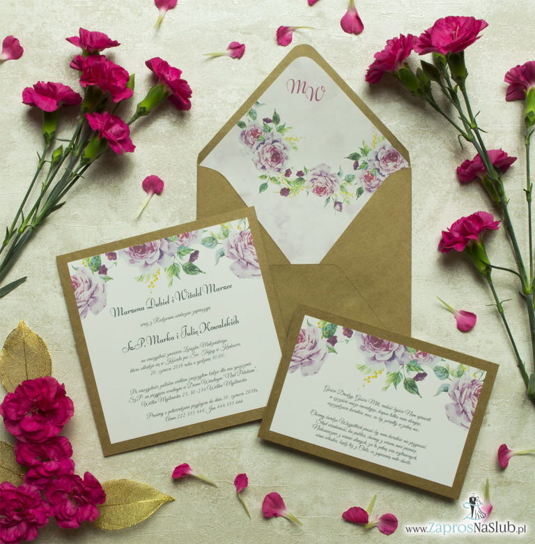 Dwuczęściowe, kwiatowe zaproszenia ślubne w stylu eko, z kwiatami oraz pąkami jasnoróżowych róż. ZAP-76-18