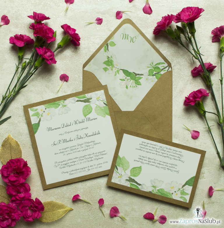 Dwuczęściowe, kwiatowe zaproszenia ślubne w stylu eko, z białymi kwiatami wiśni oraz zielonymi listkami. ZAP-76-19 - ZaprosNaSlub
