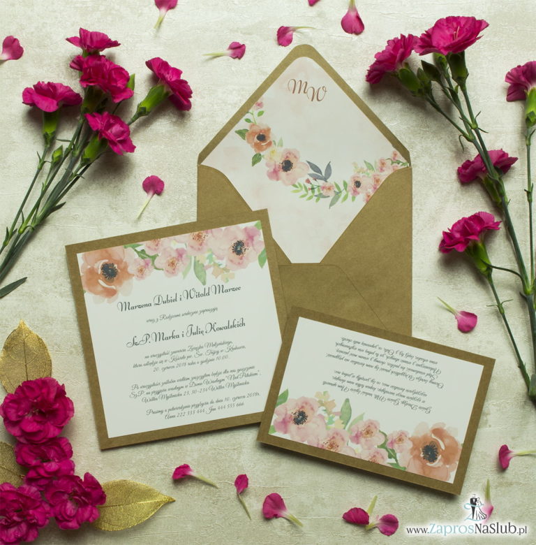 Dwuczęściowe, kwiatowe zaproszenia ślubne w stylu eko, z pięknymi kwiatami maków. ZAP-76-20 - ZaprosNaSlub