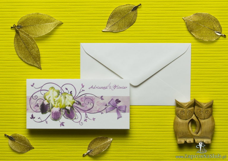 Nietuzinkowe kwiatowe zaproszenia ślubne z żółto-fioletowymi irysami i motywem ozdobnym. ZAP-94-15 - ZaprosNaSlub
