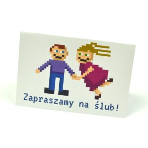 Klasyczne zaproszenia ślubne z pixelowanym obrazkiem przedstawiającym parę. Idealne dla osób z IT. ZAP-56-04