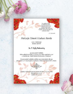 Zjawiskowe zaproszenia ślubne z kwiatami gerbery, przewiązane wstążką satynowaną w kolorze czerwonym. ZAP-92-14