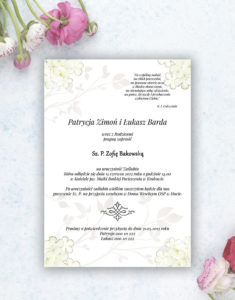 Unikatowe zaproszenia ślubne z kwiatami. Białe kwiaty kaliny i wstążka w błękitnym kolorze. ZAP-93-18