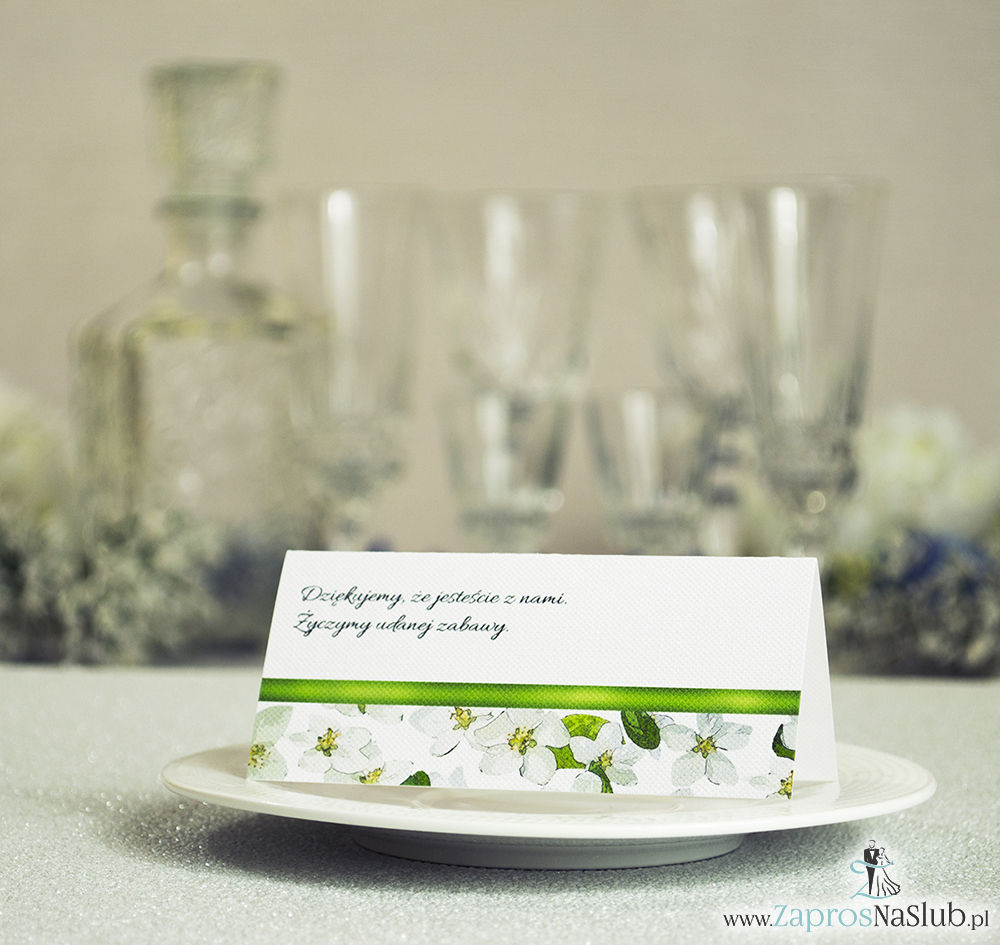 WIN-101 Kwiatowe winietki ślubne - składane na pół winietki z kwiatami jabłoni oraz malowaną, poziomą wstążką - zaproszenia na ślub zaproszenie ślubne rew