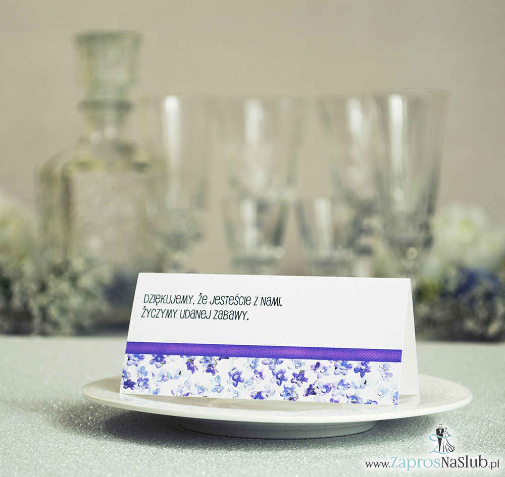 WIN-102 Kwiatowe winietki ślubne - składane na pół. Fioletowe kwiaty dzwonki z malowaną, poziomą wstążką - zaproszenia na ślub zaproszenie ślubne rew