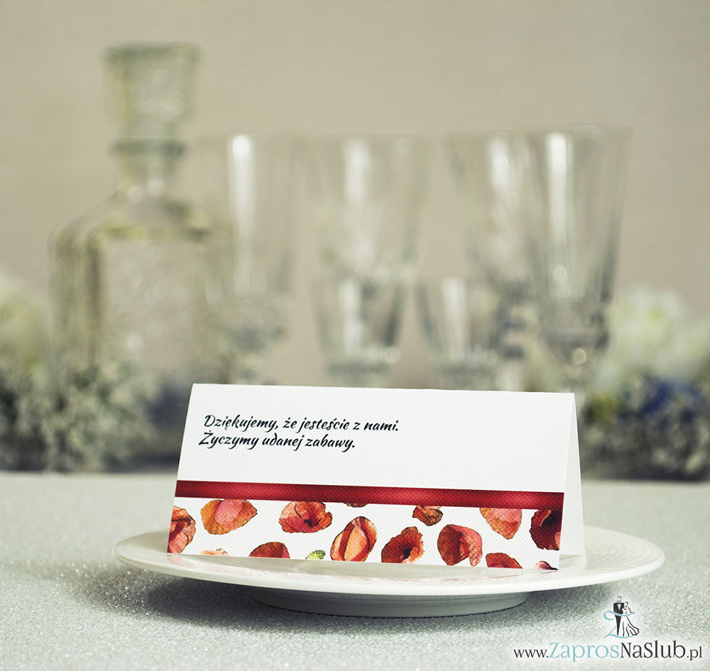 WIN-103 Kwiatowe winietki ślubne - składane na pół. Czerwone maki z malowaną, poziomą wstążką - zaproszenia na ślub zaproszenie ślubne rew