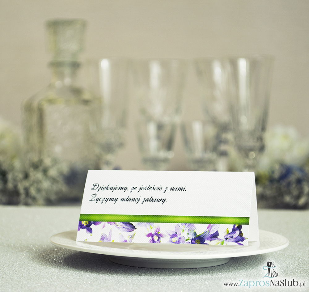 WIN-104 Kwiatowe winietki ślubne - składane na pół winietki z fioletowo zielonymi kwiatami oraz malowaną, poziomą wstążką - zaproszenia na ślub zaproszenie ślubne rew
