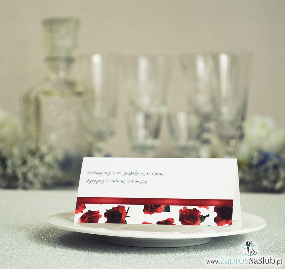 WIN-106 Kwiatowe winietki ślubne - składane na pół. Czerwone róże z malowaną, poziomą wstążką - zaproszenia na ślub zaproszenie ślubne rew
