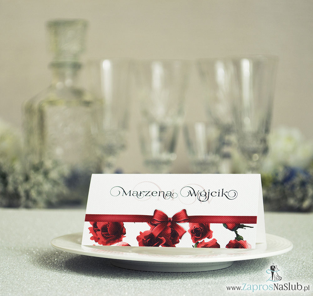 WIN-106 Kwiatowe winietki ślubne - składane na pół. Czerwone róże z malowaną, poziomą wstążką - zaproszenia na ślub zaproszenie ślubne