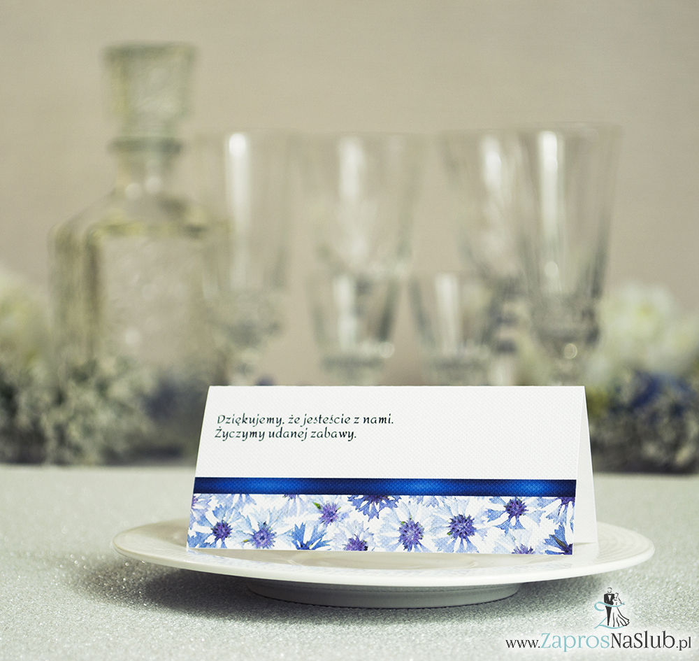 WIN-108 Kwiatowe winietki ślubne - składane na pół. Niebieskie chabry z malowaną, poziomą wstążką - zaproszenia na ślub zaproszenie ślubne rew