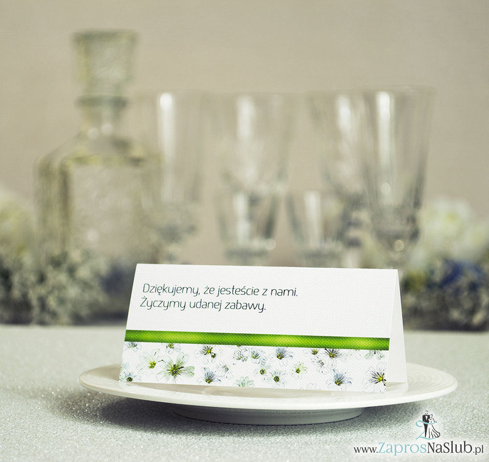 WIN-112 Kwiatowe winietki ślubne - składane na pół. Białe drobne kwiaty z malowaną, poziomą wstążką - zaproszenia na ślub zaproszenie ślubne rew