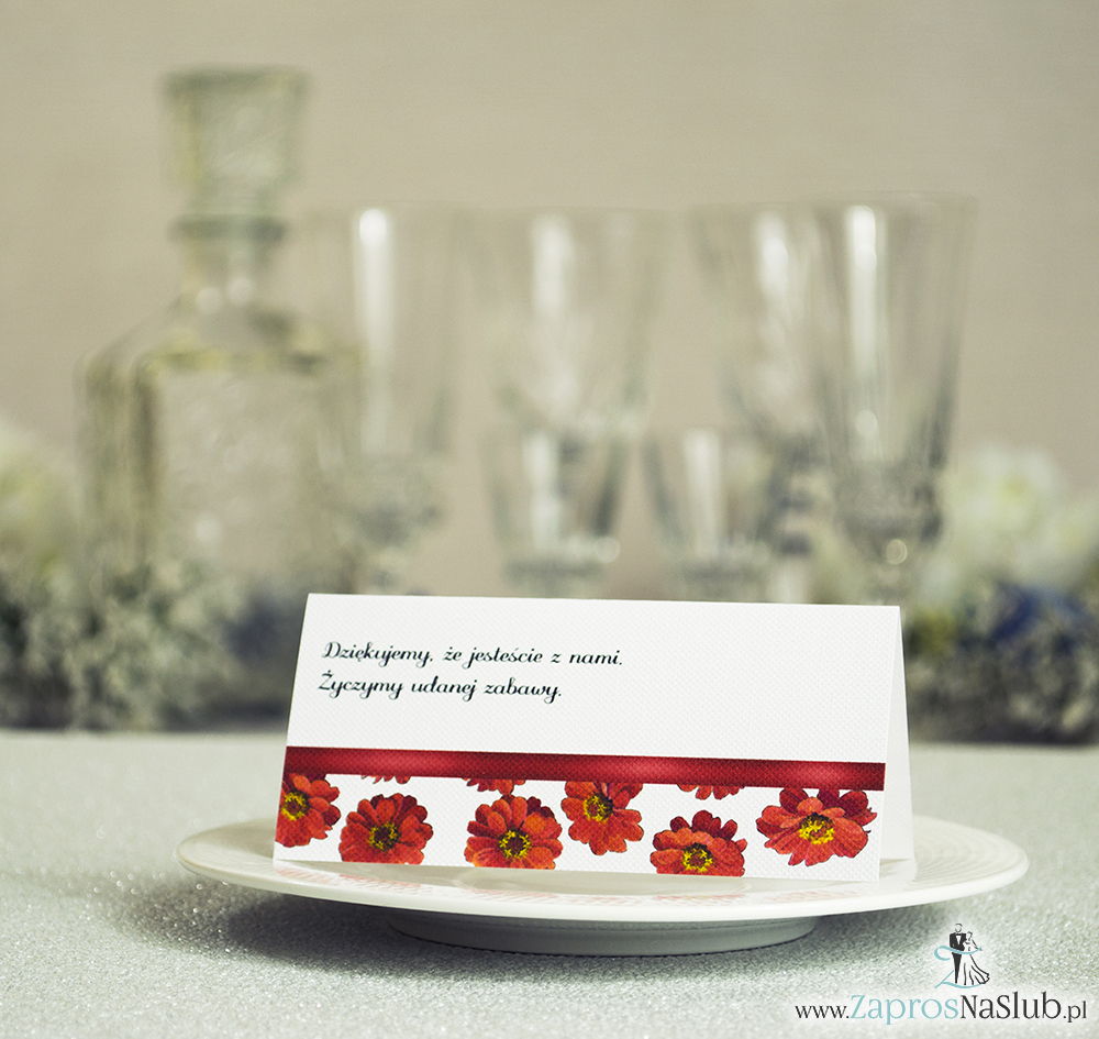 WIN-114 Kwiatowe winietki ślubne - składane na pół. Kwiaty gerbera z malowaną, poziomą wstążką - zaproszenia na ślub zaproszenie ślubne rew