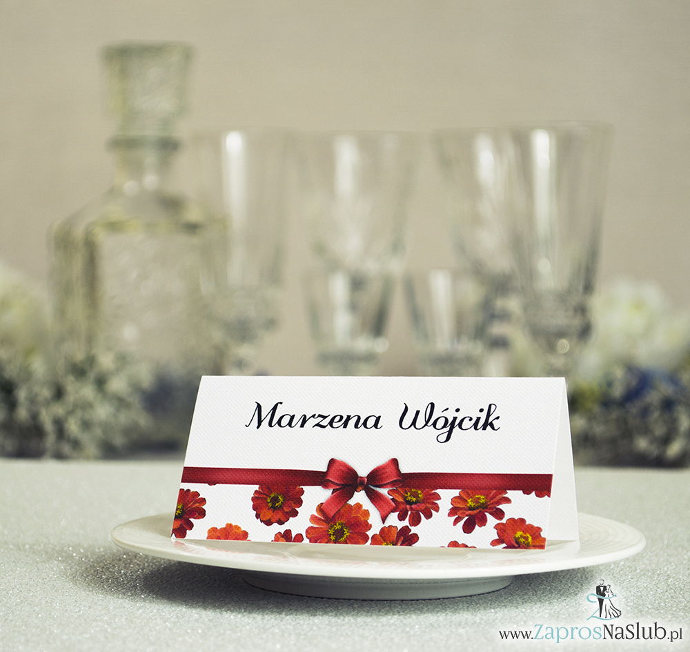 WIN-114 Kwiatowe winietki ślubne - składane na pół. Kwiaty gerbera z malowaną, poziomą wstążką - zaproszenia na ślub zaproszenie ślubne