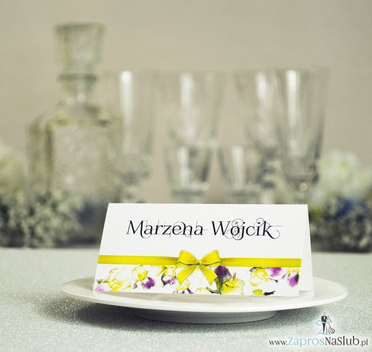 Kwiatowe winietki ślubne – składane na pół. Żółto fioletowe irysy z malowaną, poziomą wstążką - ZaprosNaSlub