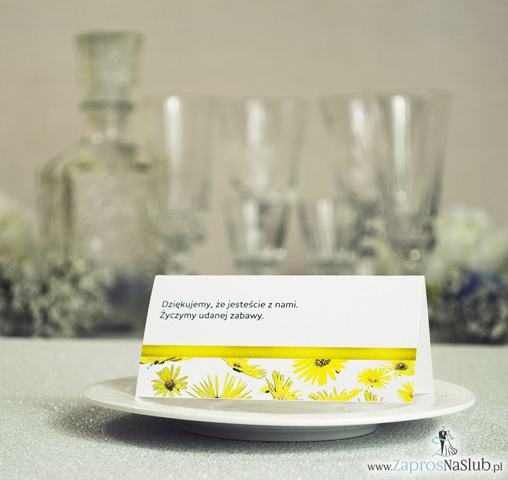 WIN-119 Kwiatowe winietki ślubne - składane na pół. Kwiaty słoneczniki z malowaną, poziomą wstążką - zaproszenia na ślub zaproszenie ślubne rew