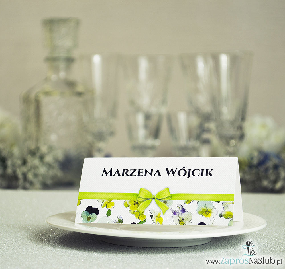 WIN-120 Kwiatowe winietki ślubne - składane na pół. Kwiaty bratki z malowaną, poziomą wstążką - zaproszenia na ślub zaproszenie ślubne