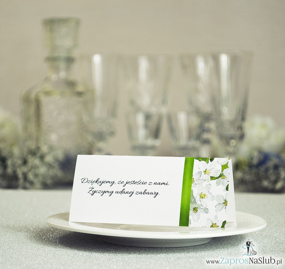 WIN-201 Kwiatowe winietki ślubne - składane na pół winietki z kwiatami jabłoni oraz malowaną, poziomą wstążką - zaproszenia na ślub zaproszenie ślubne rew