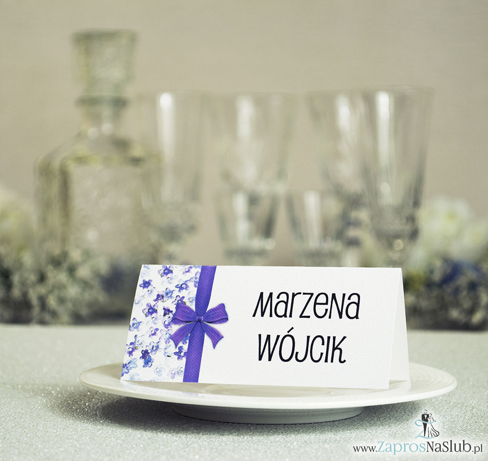 WIN-202 Kwiatowe winietki ślubne - składane na pół winietki. Fioletowe kwiaty dzwonki z malowaną, pionową wstążką - zaproszenia na ślub zaproszenie ślubne