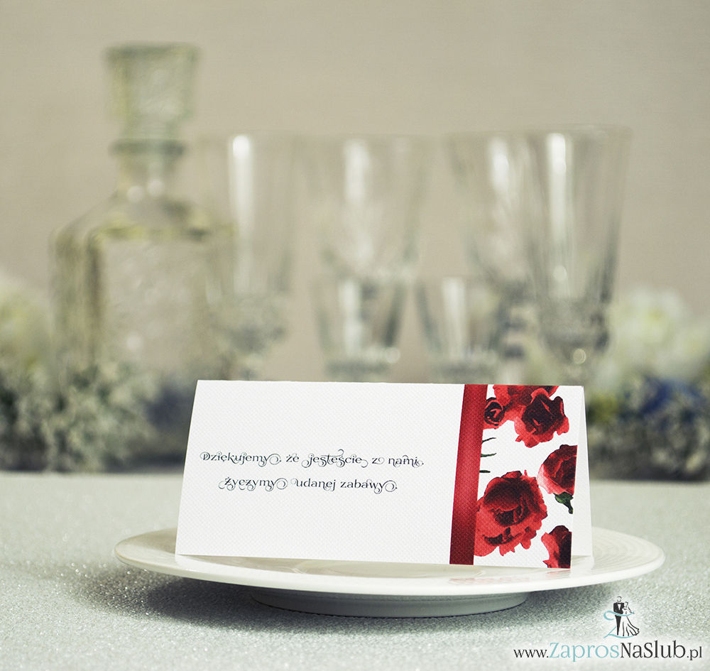 WIN-206 Kwiatowe winietki ślubne - składane na pół winietki. Czerwone róże z malowaną, pionową wstążką - zaproszenia na ślub zaproszenie ślubne rew