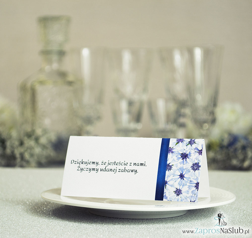 WIN-208 Kwiatowe winietki ślubne - składane na pół winietki. Niebieskie chabry z malowaną, pionową wstążką - zaproszenia na ślub zaproszenie ślubne rew