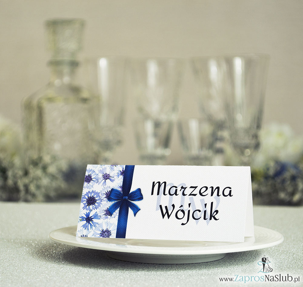 WIN-208 Kwiatowe winietki ślubne - składane na pół winietki. Niebieskie chabry z malowaną, pionową wstążką - zaproszenia na ślub zaproszenie ślubne