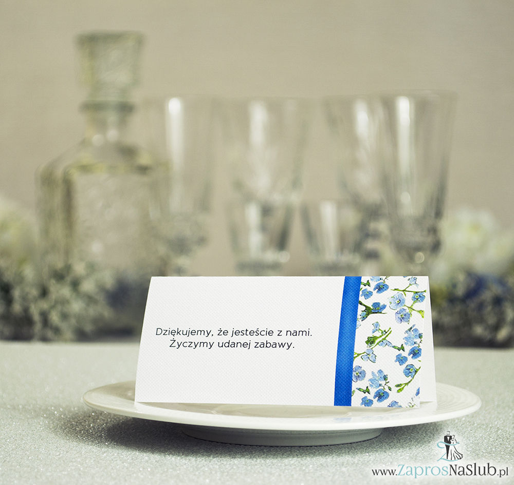 WIN-211 Kwiatowe winietki ślubne - składane na pół winietki. Niebiesko zielony motyw kwiatowy z pionową malowaną wstążką - zaproszenia na ślub zaproszenie ślubne rew