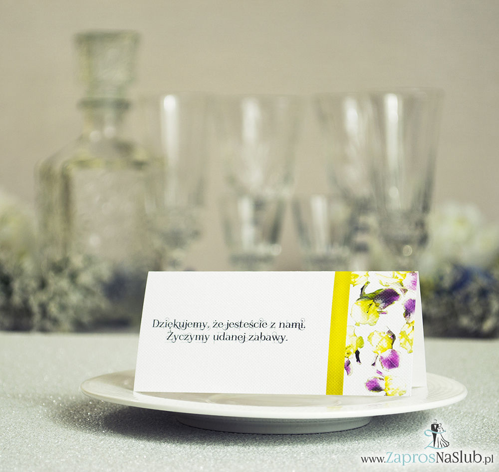WIN-215 Kwiatowe winietki ślubne - składane na pół winietki. Żółto fioletowe irysy z malowaną, pionową wstążką - zaproszenia na ślub zaproszenie ślubne rew
