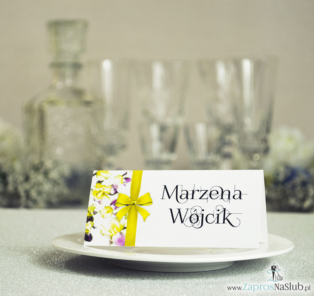 WIN-215 Kwiatowe winietki ślubne - składane na pół winietki. Żółto fioletowe irysy z malowaną, pionową wstążką - zaproszenia na ślub zaproszenie ślubne