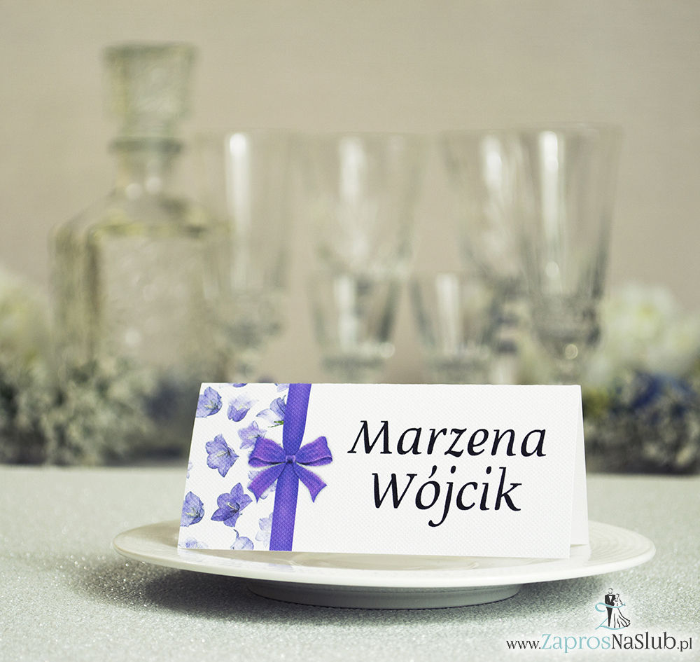 WIN-217 Kwiatowe winietki ślubne - składane na pół winietki. Fioletowe kwiaty polne z malowaną, pionową wstążką - zaproszenia na ślub zaproszenie ślubne