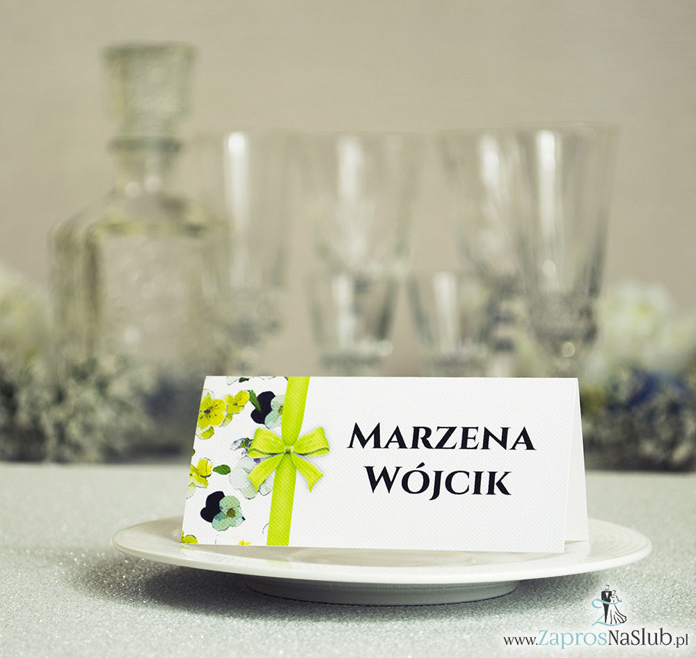 WIN-220 Kwiatowe winietki ślubne - składane na pół winietki. Kwiaty bratki z malowaną, pionową wstążką - zaproszenia na ślub zaproszenie ślubne
