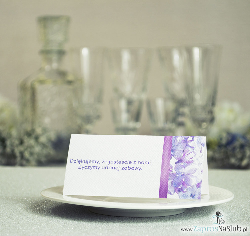 WIN-221 Kwiatowe winietki ślubne - składane na pół winietki z fioletowymi kwiatami bzu oraz malowaną, pionową wstążką - zaproszenia na ślub zaproszenie ślubne rew